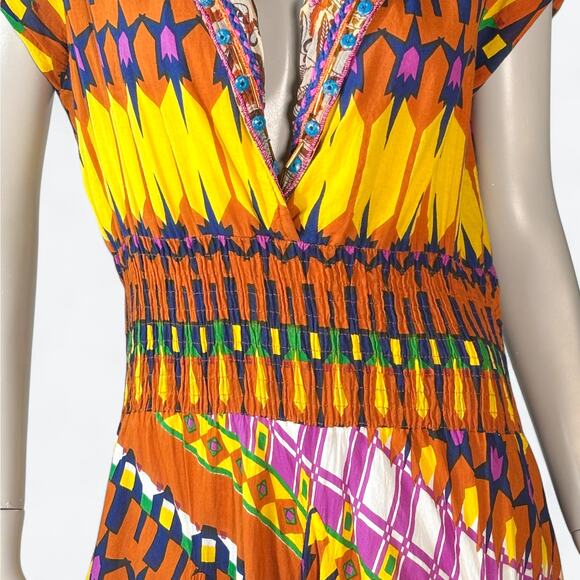 VTG 100% Cotton Geometric Artsy Boho Midi Dress Women's Large Beaded Resortwear - Picture 7 of 12
